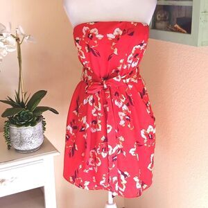 Express Vibrant Orange Satin Strapless Dress. Floral. Bright . Wedding Guest.